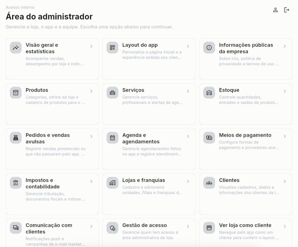 Painel administrativo do MYSTOO, com módulos para gerenciar a loja